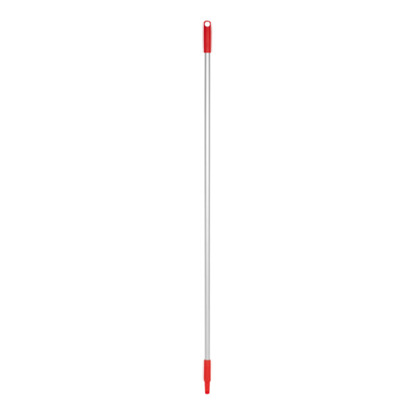 A long silver and red Vikan aluminum handle with a red tip.