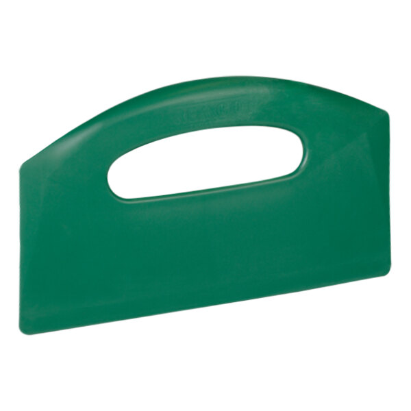 A close-up of a green Remco bench scraper with a hole in the handle.