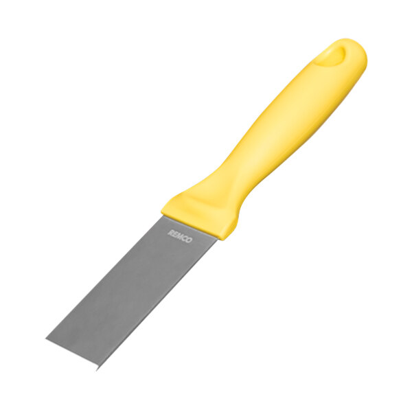 A yellow and silver scraper with a yellow handle.