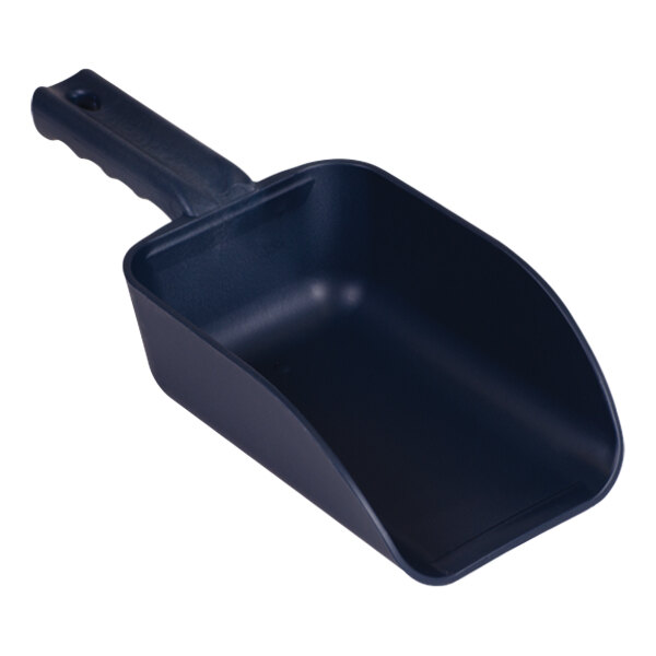 A blue plastic Remco hand scoop with a handle.