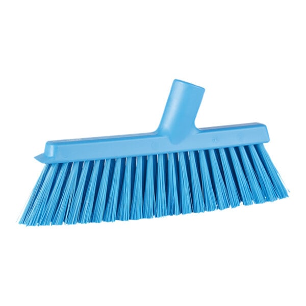 A blue broom head with long bristles.