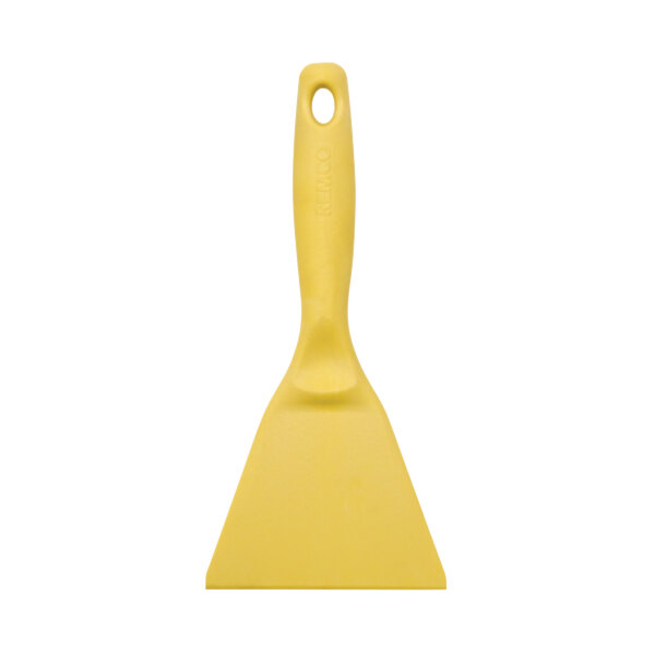 A close-up of a yellow Remco high temperature nylon hand scraper with a handle.