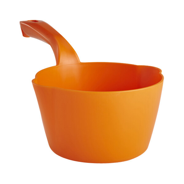 An orange plastic scoop with a handle.