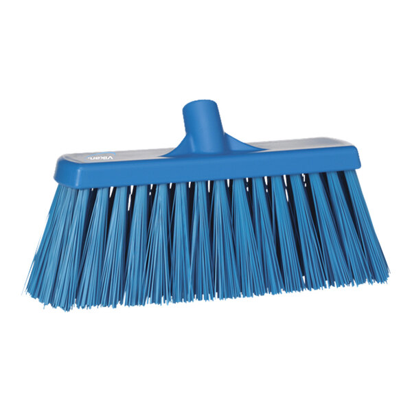 A blue Vikan push broom head with long, extra stiff bristles.