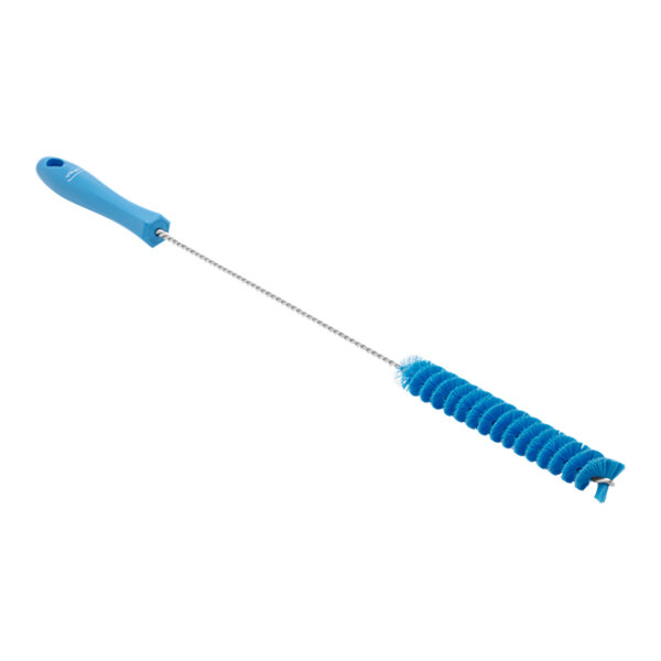 A blue plastic brush with a long handle.