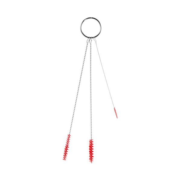 A pair of red Vikan soft polyester tube brushes hanging from a hook.