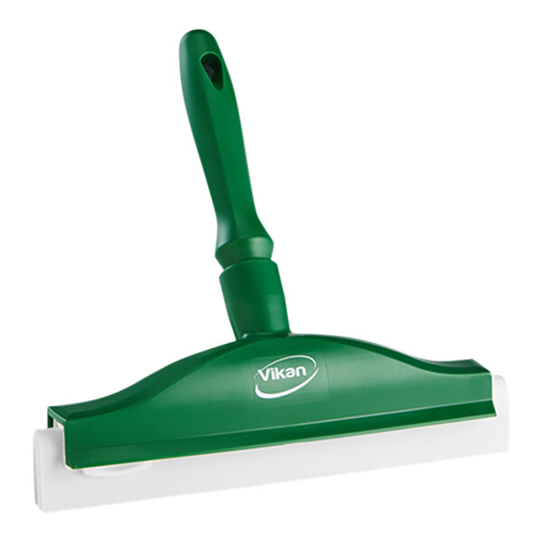 A green and white Vikan double blade rubber squeegee with a plastic handle.