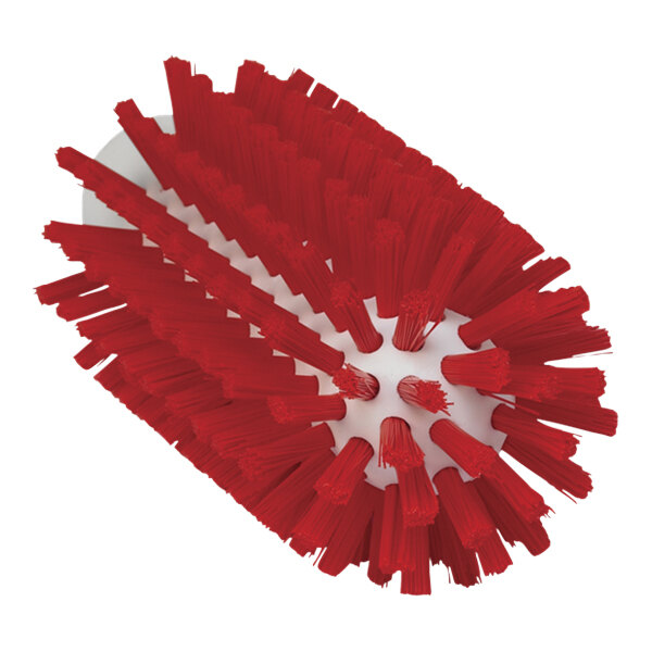 A red Vikan tube brush with white bristles.