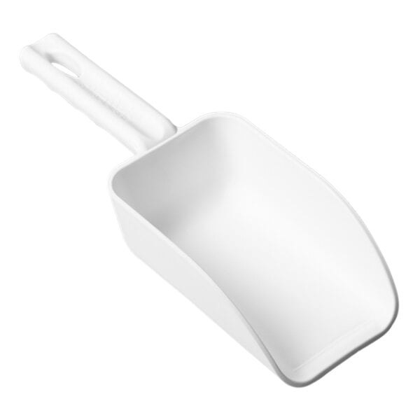 A white plastic scoop with a handle.