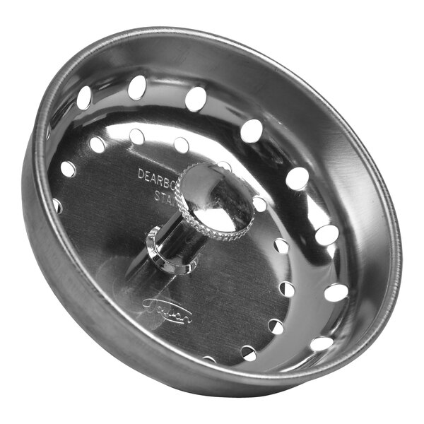A stainless steel sink basket strainer with holes in it.