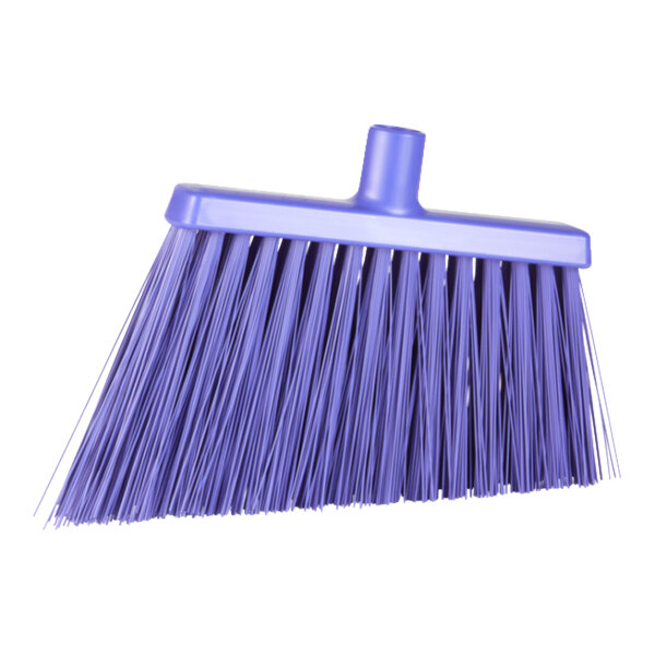 A close-up of a purple Vikan angled broom head with unflagged bristles.