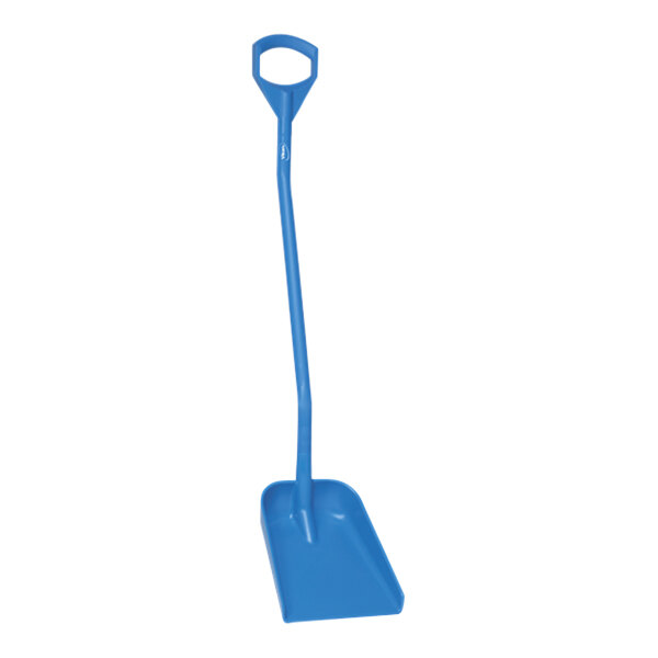 A blue plastic shovel with a long handle.