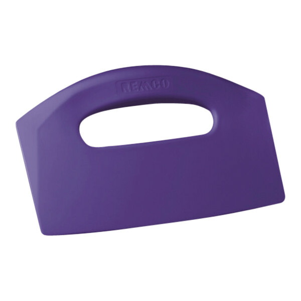 A purple plastic bench scraper with a purple handle.