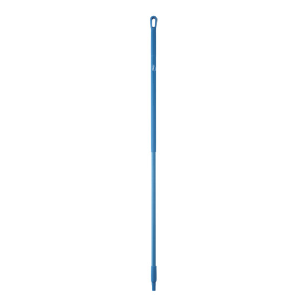 A blue threaded fiberglass broom handle.