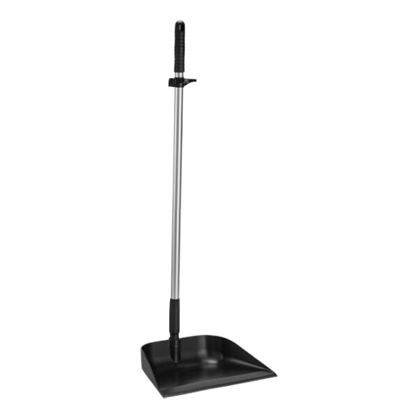 A black Vikan upright dustpan with a silver handle.
