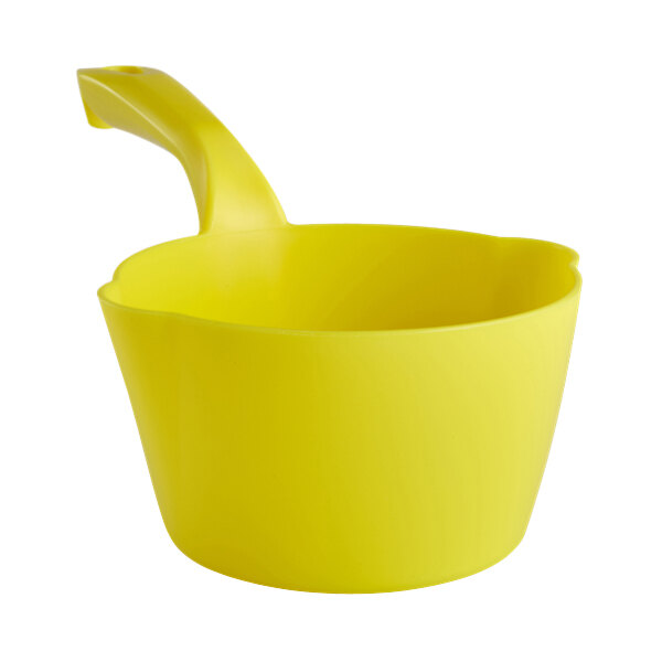 A yellow plastic scoop with a handle.