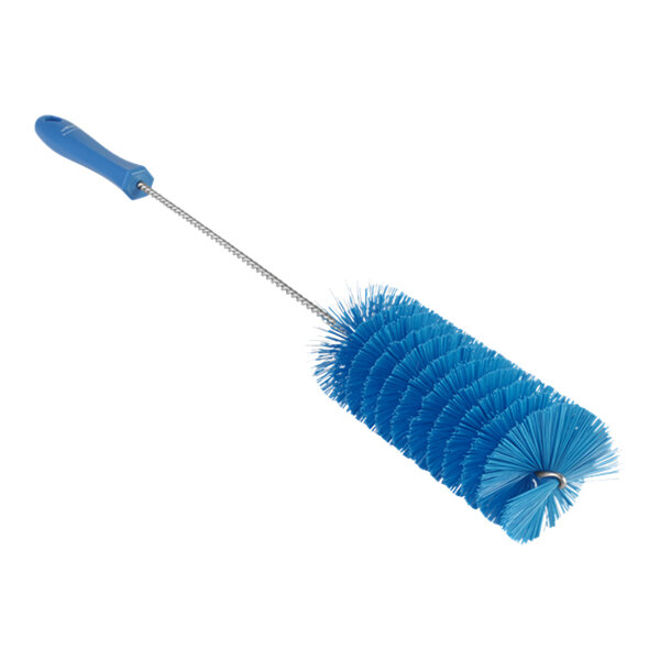 A blue brush with long bristles and a long handle with white text that reads "Vikan 53703"