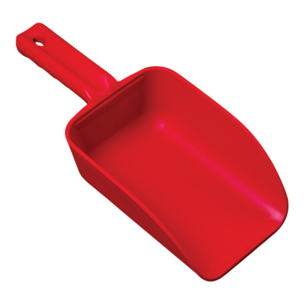 A red plastic scoop with a handle.