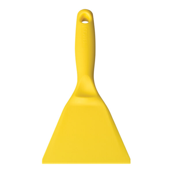 A close-up of a yellow Remco hand scraper with a handle.