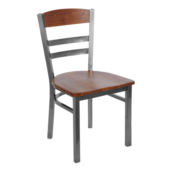 A BFM Seating metal side chair with a wooden seat and back.