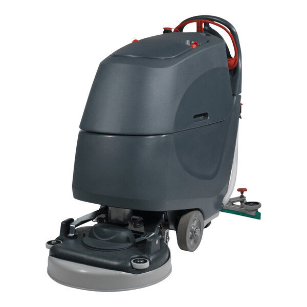 A NaceCare Solutions walk behind floor scrubber with wheels and a red handle.