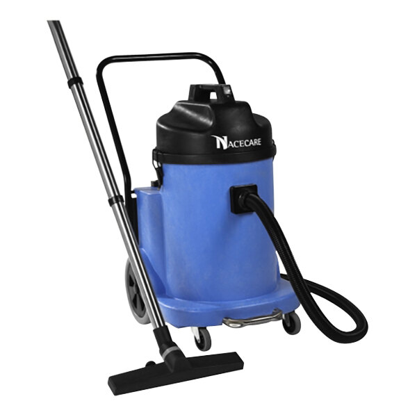 A close-up of a blue and black NaceCare wet/dry vacuum cleaner.