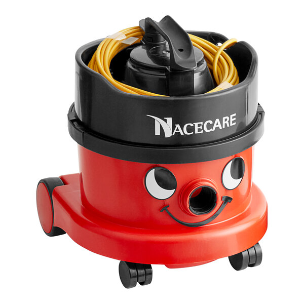 A red and black NaceCare Solutions canister vacuum with a red handle.