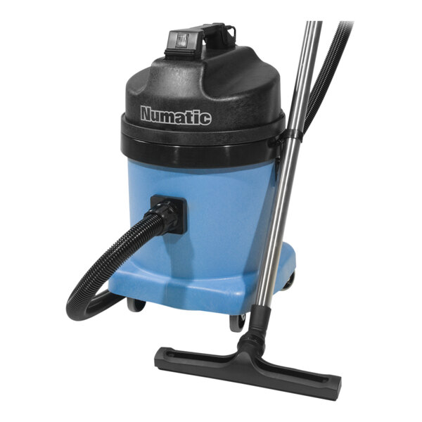 A blue and black NaceCare Solutions wet/dry vacuum cleaner with a hose.