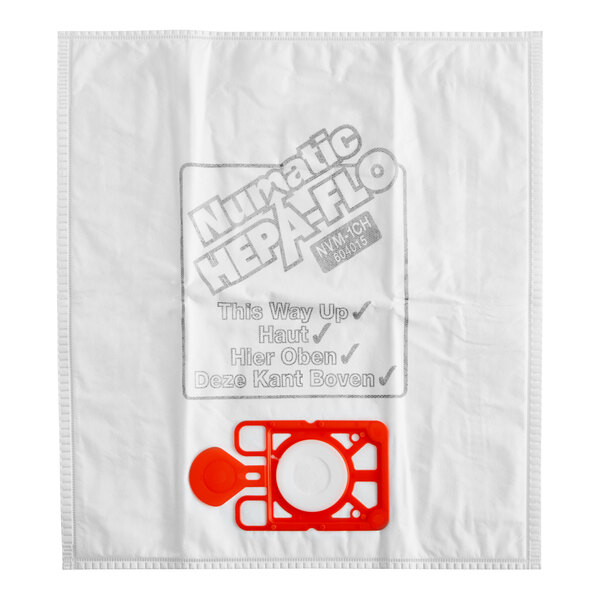 A white NaceCare HEPA-Flo filter bag with red and white plastic parts.