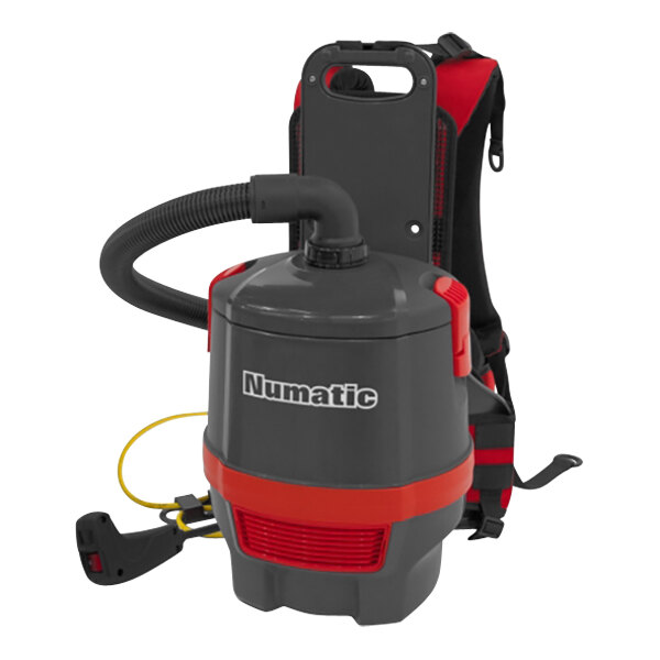 A close-up of a black and red NaceCare Solutions backpack vacuum.