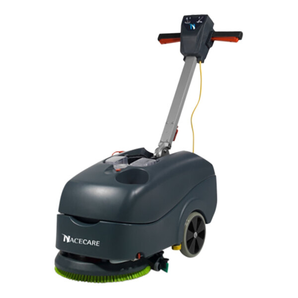 A NaceCare Solutions walk behind floor scrubber with wheels and a handle.