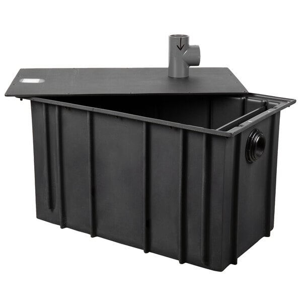 A black polyethylene Zurn grease trap with pipe connections.