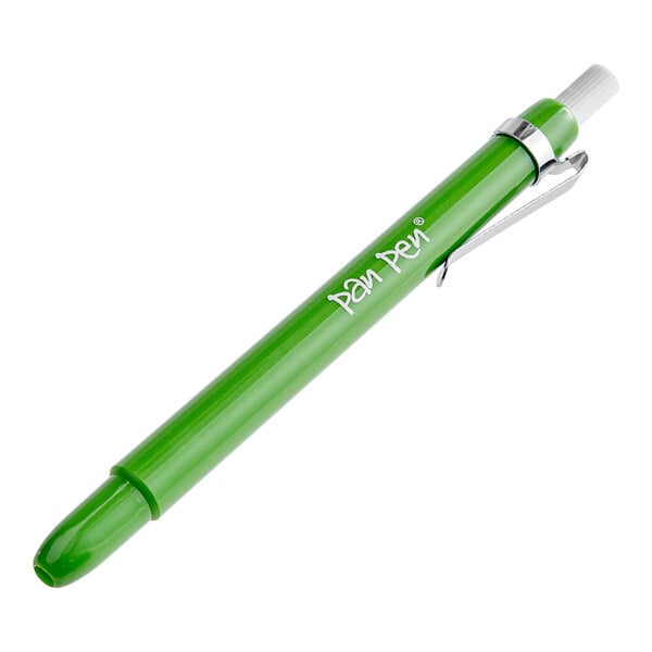 A close up of a green Pan Pen with a white cap.