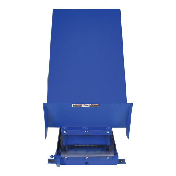 A blue metal rectangular Vestil tilt table with a white sticker on the side.