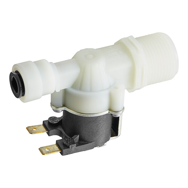 A white plastic Cooking Performance Group water solenoid valve with a white plastic cap.