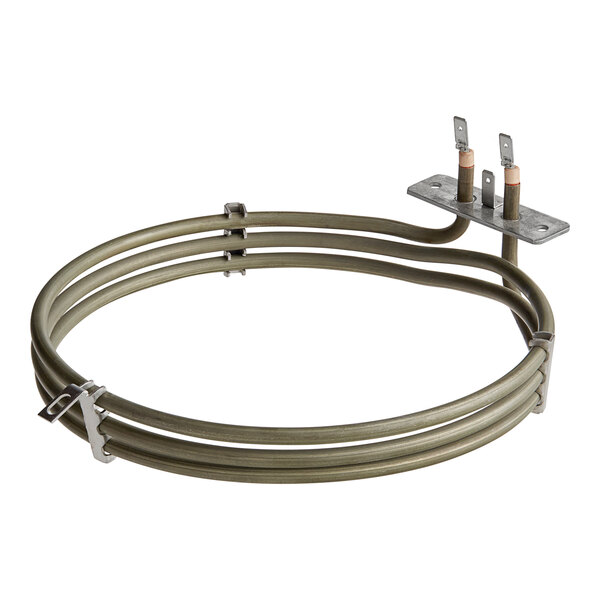A circular heating element with two wires attached to a green wire.