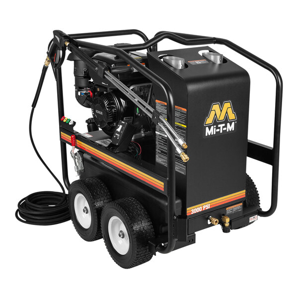 A black Mi-T-M hot water pressure washer with wheels and a hose attachment.