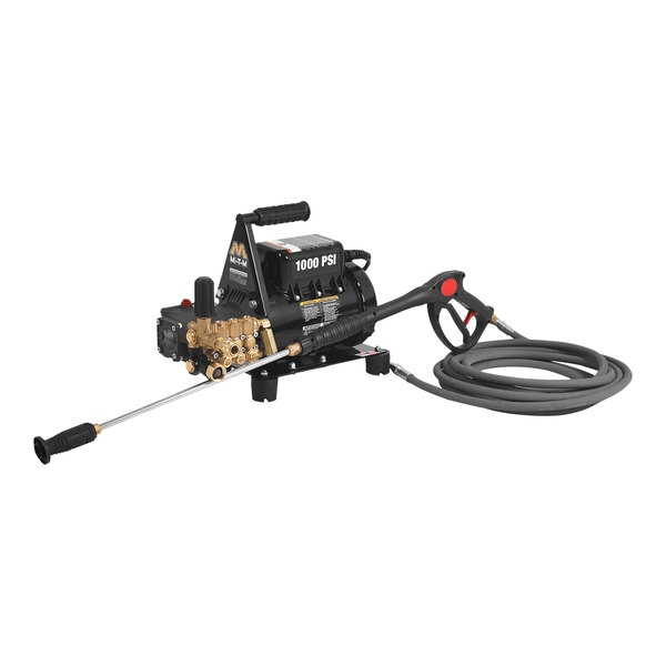 A black and gold Mi-T-M electric pressure washer with a hose.