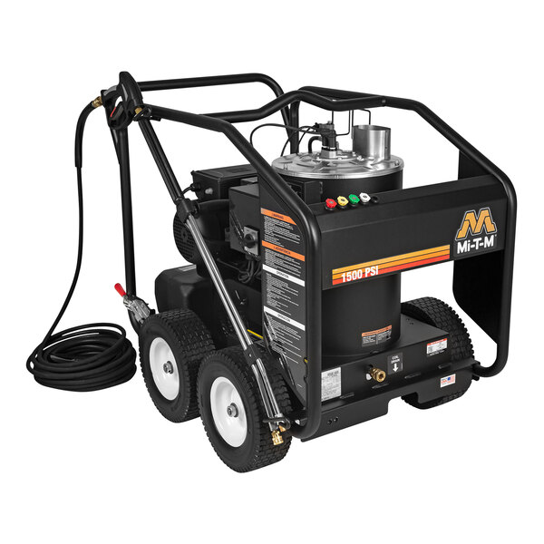 A black Mi-T-M electric hot water pressure washer with wheels and a hose.