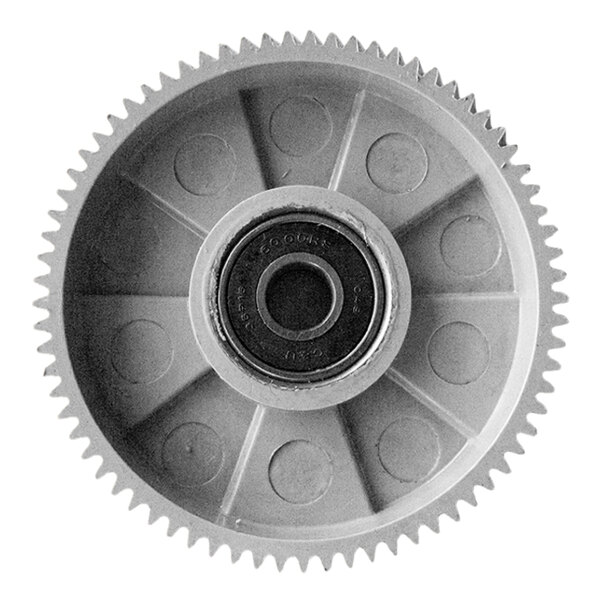 A grey gear with a circular center.