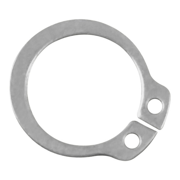 A close-up of a CRB Cleaning Systems metal snap ring with two holes.