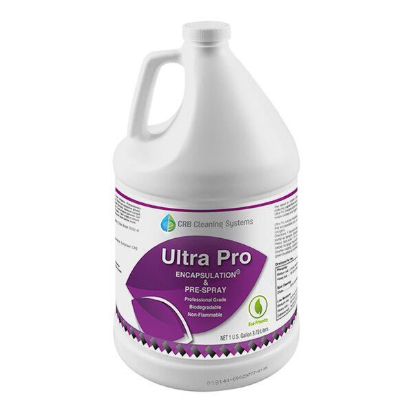 A white jug of CRB Cleaning Systems Ultra Pro Lavender Scented Peroxide Encapsulator and Pre-Spray Carpet Cleaner with a purple label.
