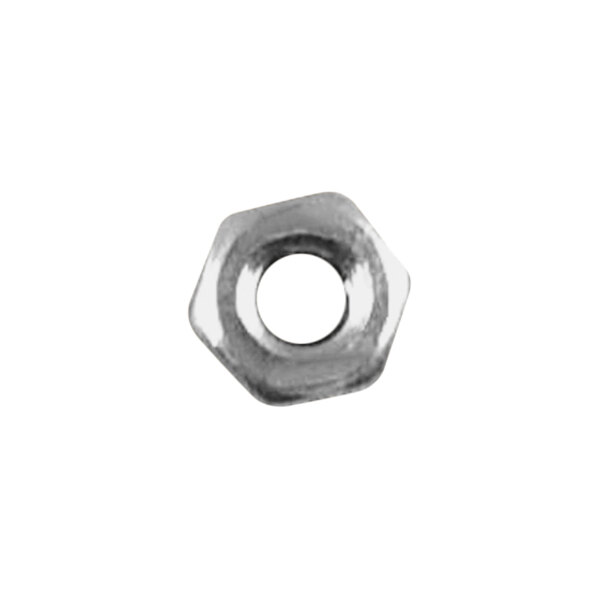 A close-up of a stainless steel hexagonal nut.