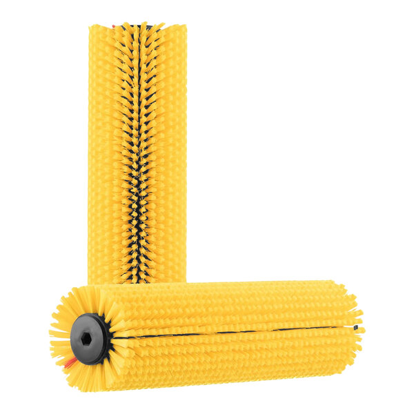 A close up of a pair of yellow CRB Cleaning Systems rubber brushes with black bristles.
