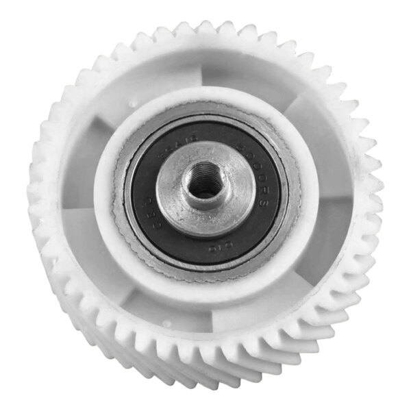 A white gear with a metal nut.
