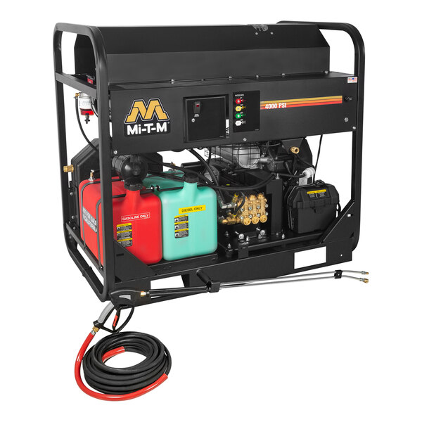 A Mi-T-M gas-fired hot water pressure washer with a red gas tank and black metal frame.