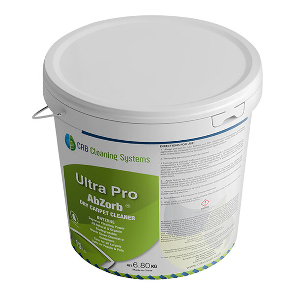 A white bucket with green and white text reading "Ultra Pro Abzorb Citrus Scented Dry Carpet Cleaner Compound"