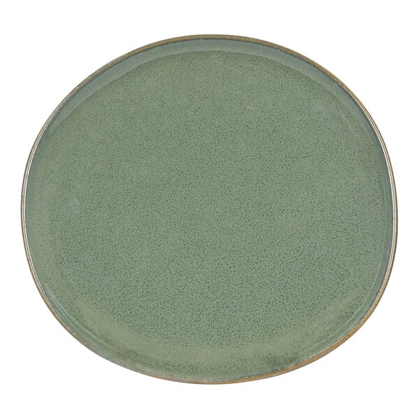 A green porcelain plate with a brown rim.