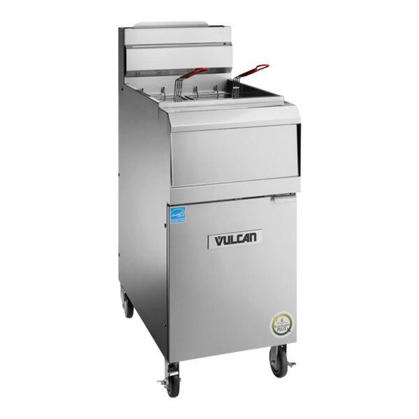 A large stainless steel Vulcan floor fryer with analog controls.
