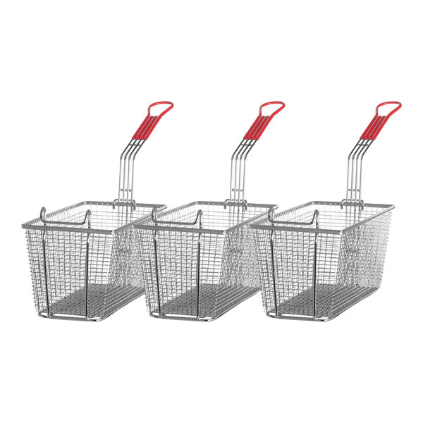 A set of three Vulcan fryer baskets with red handles.
